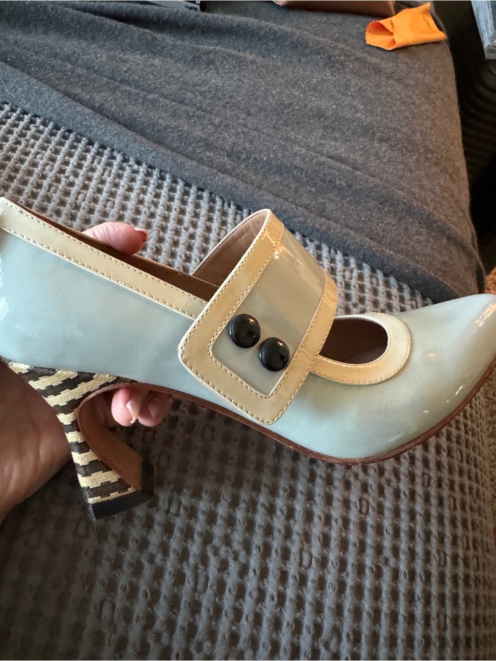 VINTAGE 1960’s John Fluevog Pale Blue Patent Mary Jane Pumps with Striped Heel - Picture 11 of 11